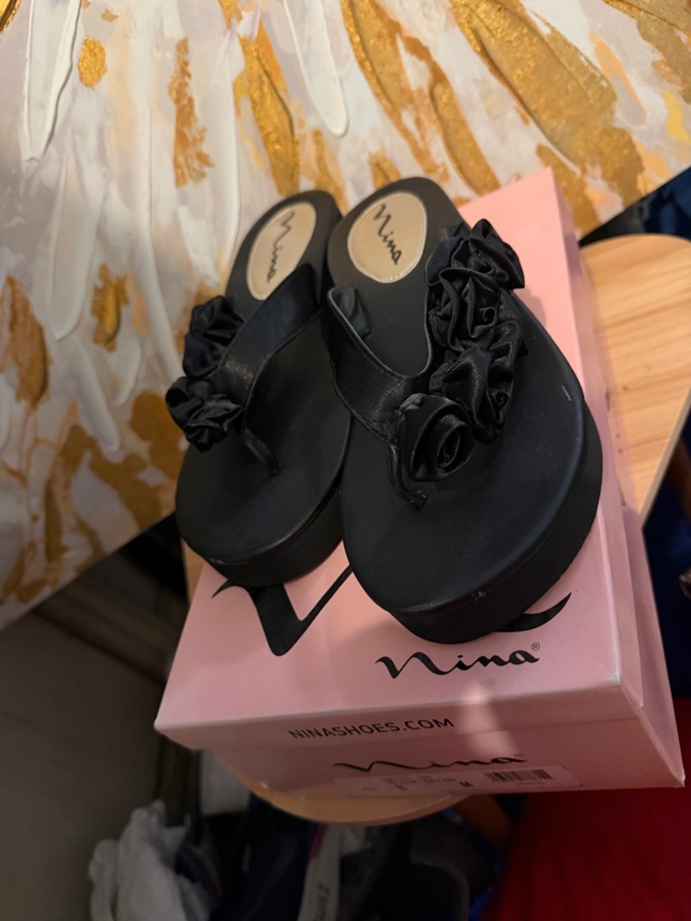 Nina Black Ruffled Toe-Post Wedge Sandals - Picture 3 of 5